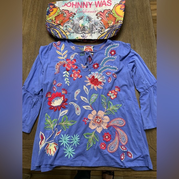 Johnny Was Light Blue Embroidered V-Neck Blouse main image 0